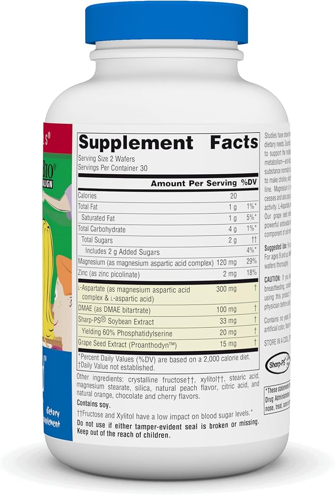 Source Naturals Attentive Child - Healthy Cognitive Nutrients for Active Children - Improved Focus & Attention with DMAE, Magnesium, Zinc & Grape Seed Extract - 60 Chewable Wafers.