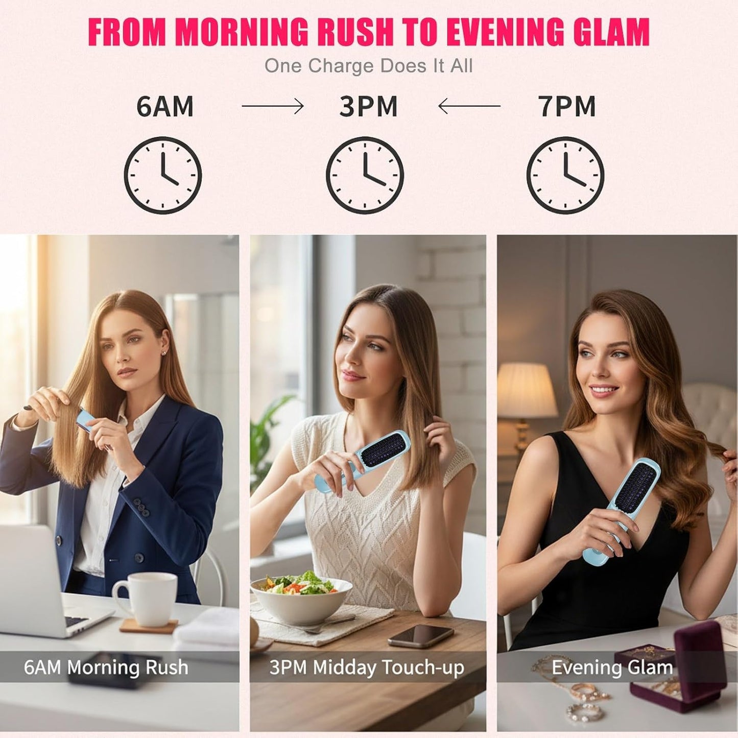 New Go Brush Pro 2025 Cordless Hair Straightener Brush - 20s Fast Heat Up, 50 Min Runtime, 199M Frizz-Fighting Ions, 4-Temp & LED, 3200mAh USB-C, Auto Shut-Off, Travel-Friendly (Blue)