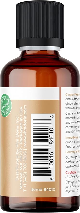Viva Doria Ginger Essential Oil, 100% Pure Natural, Fresh Ginger Essential Oil, Undiluted, for Aromatherapy | Food Grade, 30 mL (1 Fluid Ounce)