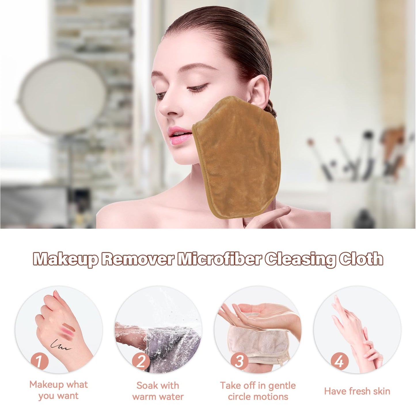 Nugilla Makeup Remover Cloths, 8 Packs Makeup Remover Towels Reusable Face Wash Cloth, Soft Microfiber Face Cloth for Women(Light Brown)