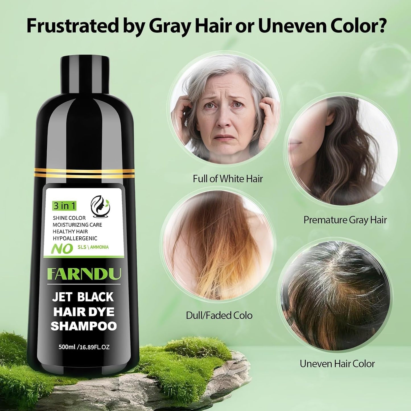 FARNDU Jet Black Hair Dye Shampoo for Women & Men, 3 in 1 Natural Herbal Color Shampoo for 100% Gray Coverage, Ammonia & Paraben Free (500ml)
