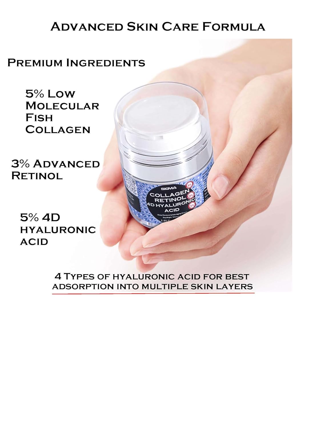 Anti-Aging Face Cream $6.47/oz - 5% Marine Collagen 3% Retinol 5% Hyaluronic Acid - Wrinkle Firming Moisturizer Face Neck - Professional Strength 3.7oz - 1 Finger Cream Dispenser