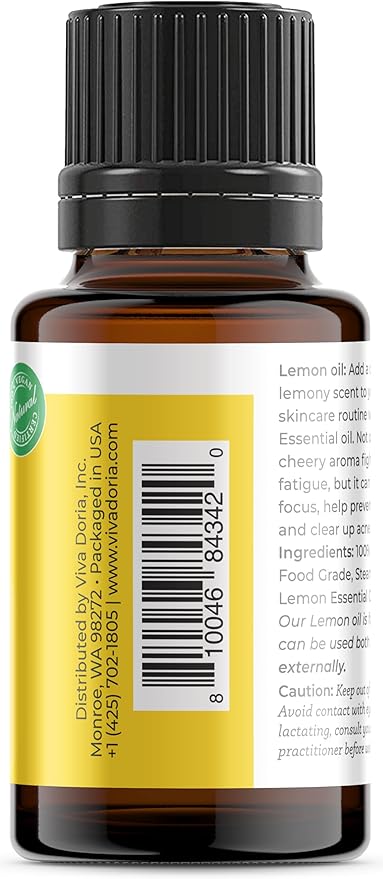 Viva Doria Lemon Essential Oil, 100% Pure, Natural Lemon Essential Oil, Undiluted, for Aromatherapy | Food Grade, 15 mL (0.5 Fluid Ounce)