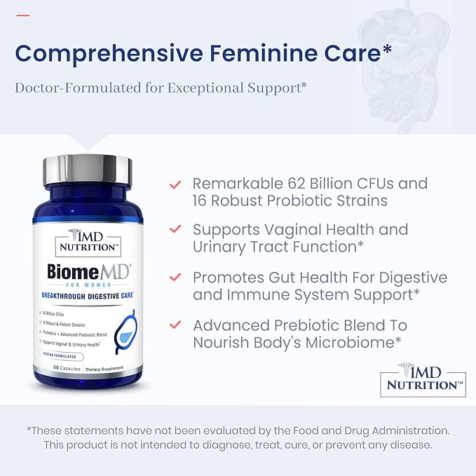 1MD Nutrition BiomeMD Probiotics for Women 62 Billion 16 Strains 30 Capsules (2-Pack)