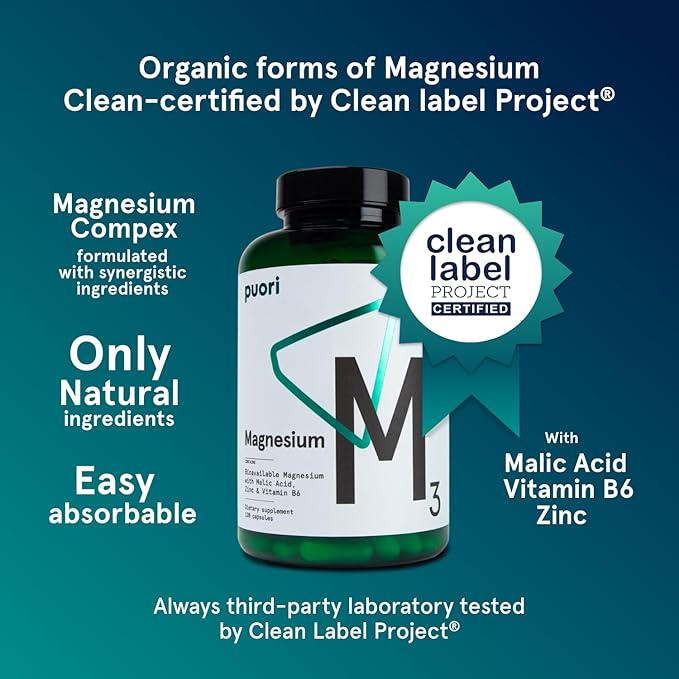 Puori Organic Magnesium Zinc Supplement 300mg - 240 Vegan M3 Complex B6