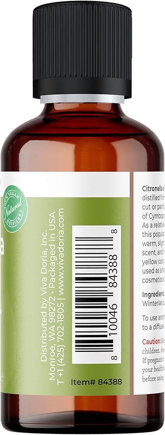 Viva Doria Citronella Essential Oil, 100% Pure, Natural Citronella Essential Oil, Undiluted, for Aromatherapy | Food Grade, 30 mL (1 Fluid Ounce)