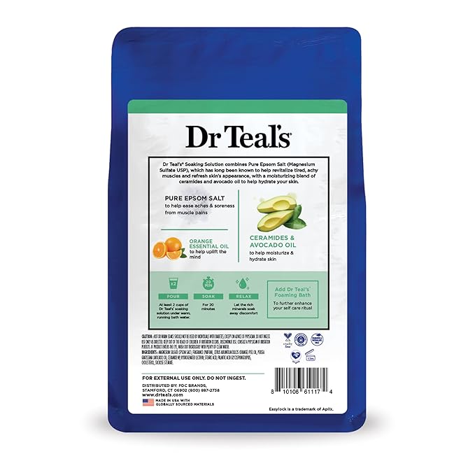 Dr Teal's Pure Epsom Magnesium Salt Soak, Glow & Hydrate with Ceramides & Avocado Essential Oils, 3 lbs