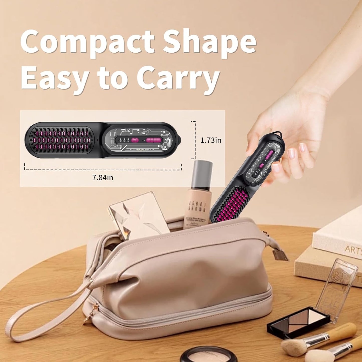 Travel Brush for Women, Portable Cordless Hair Straightener Brush, Mini Hair Straightener with 9600mAh Battery, Fast Charging & 100M Negative Ions - Cordless Portable Styler for On-The-Go (Pink)