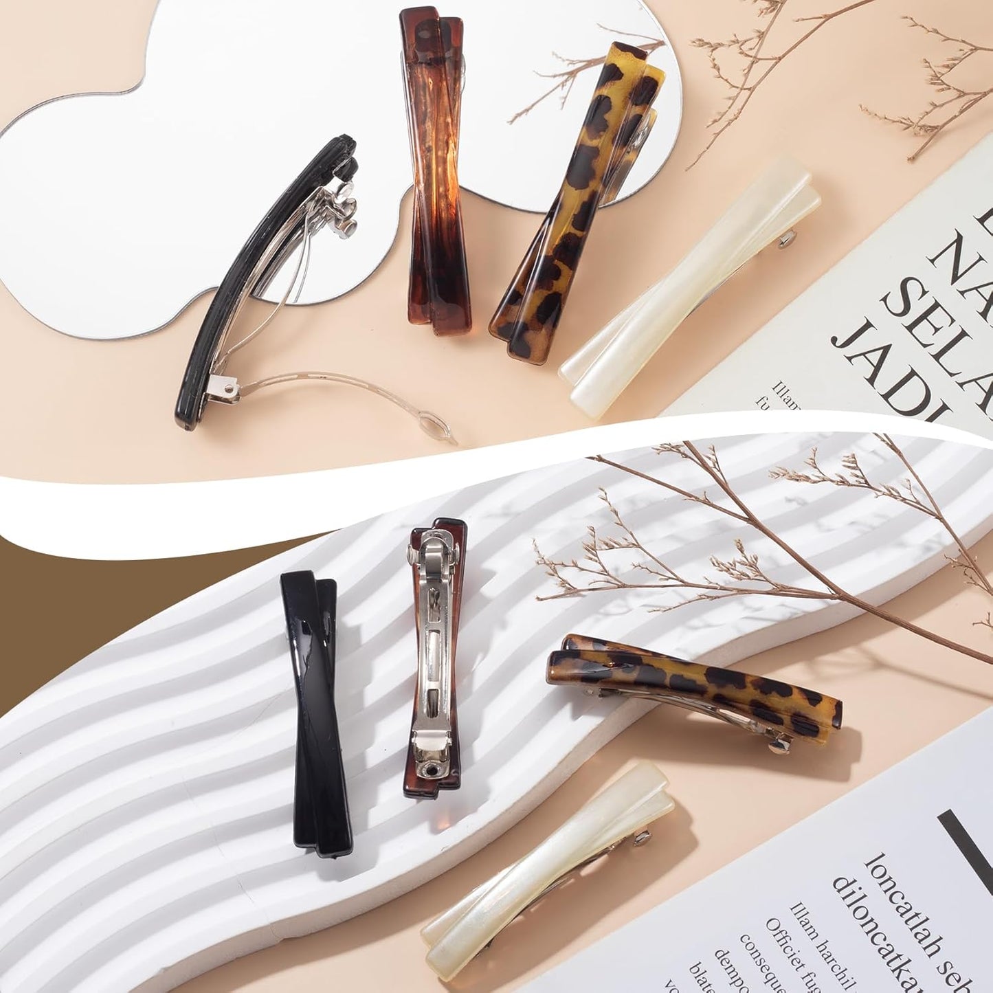 4pcs French Hair Barrette, 2.56 Inch Oval Flat Tortoise Shell Hair Clips, Non-Slip Vintage Long Short Straight Curly Hairpin Accessories for Women- Black & White & Amber & Leopard Color