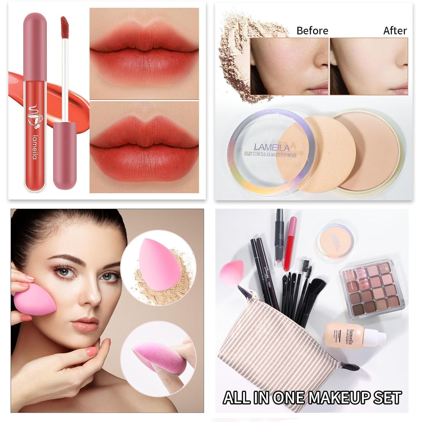 Makeup Set Full Kit for Girls Teens Women, Makeup Present Set, Includes Eyeshadow, Foundation, Blusher, Eyebrow Pencil, Mascara, Eyeliner, Brushes, Lip Gloss, Sponge, Cosmetic Bag