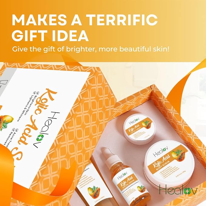 Kojic Acid Skincare Set – Kojic Soap Cleanser, Exfoliating Body Scrub, Face Cream & Brightening Facial Serum – Skin Brightening Hyperpigmentation Treatment, Dark Spot Corrector – with Turmeric Papaya