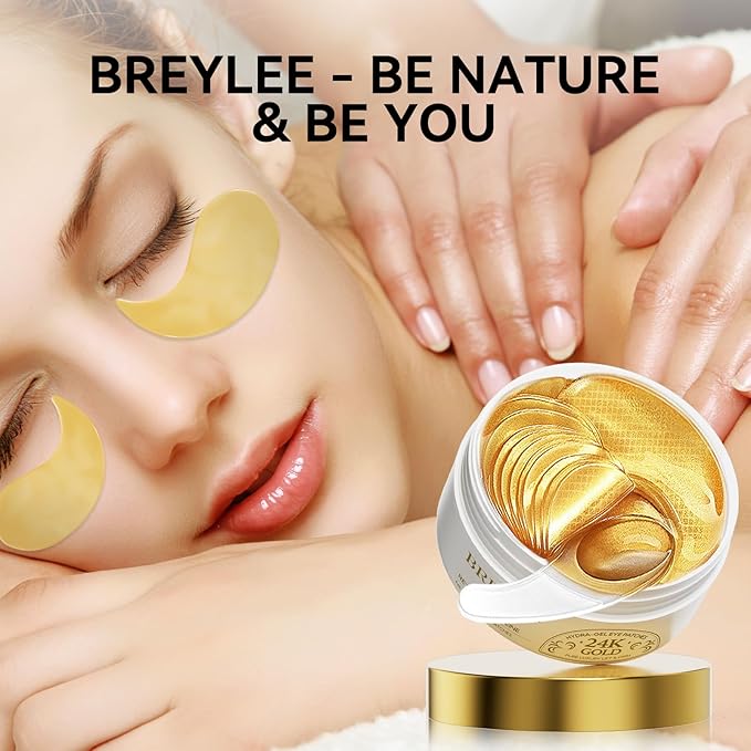 BREYLEE 24K Gold Eye Masks - 60 Pcs, Retinol & Caffeine Under Eye Patches for Reduce Fine Lines & Wrinkles, Puffy Eyes and Dark Circles Treatments, Improve and Firm Eye Skin