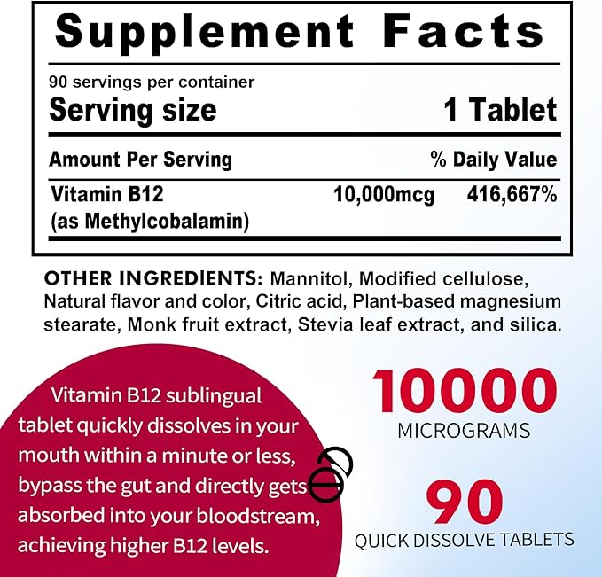 Vitamin B12 Sublingual, B12 Vitamins 10,000 B12 Support 180 Fast