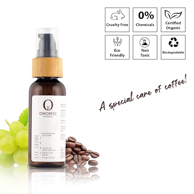Omorfee 100% Organic Regenerative Caffeine Eye Cream, Eye Serum for Dark Circles, Puffiness, Bags Under Eye, Eye Brightening Cream, Repair Fine Lines, Wrinkles & Aging, for All Skin Types 1.76 Oz.