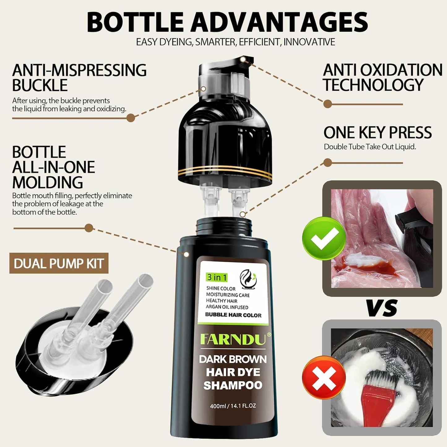 Dark Brown Hair Dye Shampoo, 3 in 1 Instant Hair Color with 15 Min Gray Coverage, Natural Semi-Permanent Herbal Shampoo for Men & Women