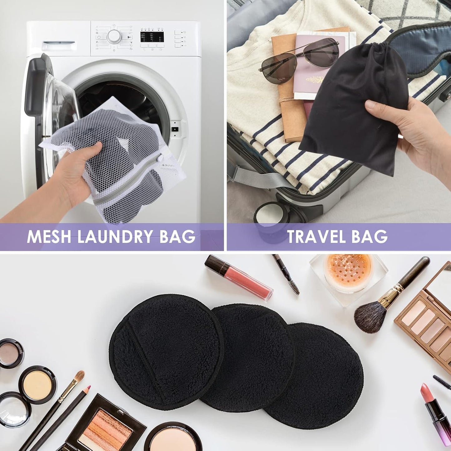 SUNLAND Reusable Makeup Remover Pads for Face,Eyes,Lips 16 Pack Microfiber Face Cleansing Gloves Washable with Laundry Bag and Travel Bag Rounds Toner Pads (Round 3.15inchx16, Black)