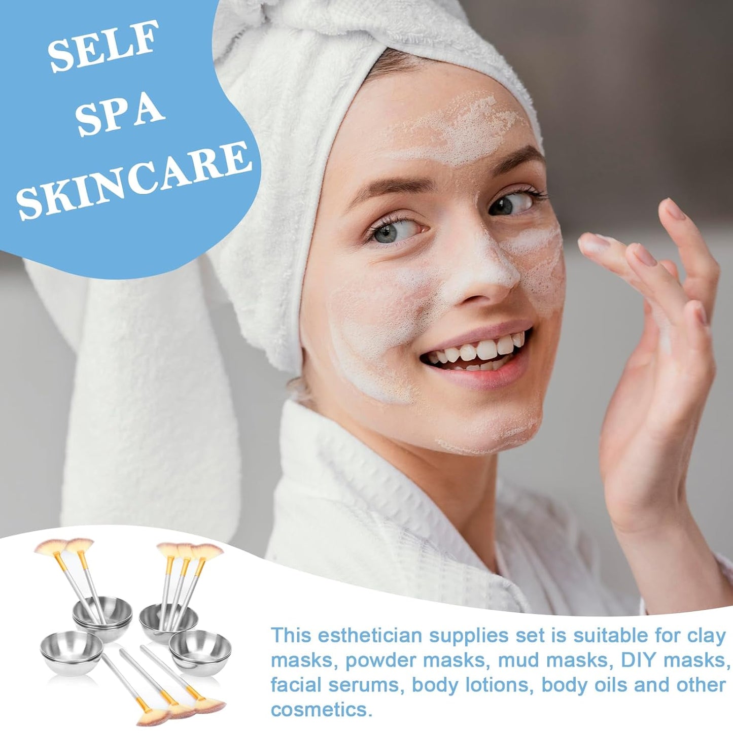 8 Pcs Silver Esthetician Supplies 4 Facial Fan Brushes Esthetician 4 Silver Stainless Steel Mixing Bowls Face Mask Brush Facial Bowls Esthetician for Mud Cream Makeup Spa Salon Women