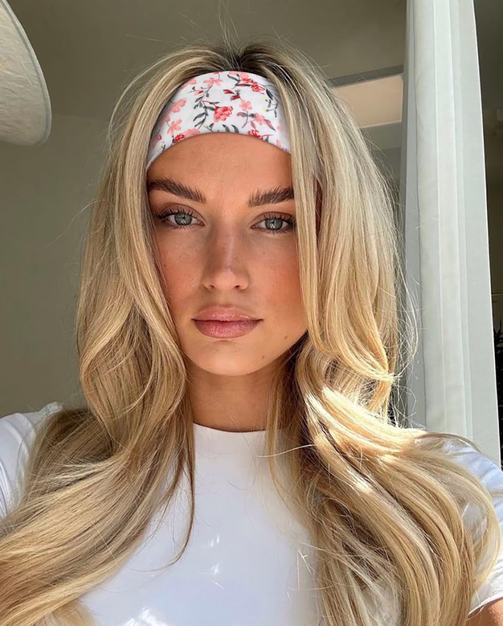 TERSE Headbands for Women Trendy Floral Print - Non Slip Summer Head Bands Soft Fabric Hair Bands for Workout Yoga Running Sport