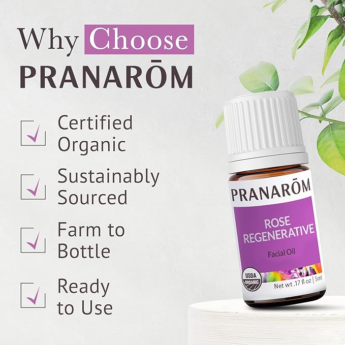 Pranarom - Rose Regenerative Facial Essential Oil Blend (5ml) - Lavender, Rosehip Seed, Frankincense, and Lemon - 100% Pure Essential Oil for Skincare | USDA and ECOCERT Certified Organic