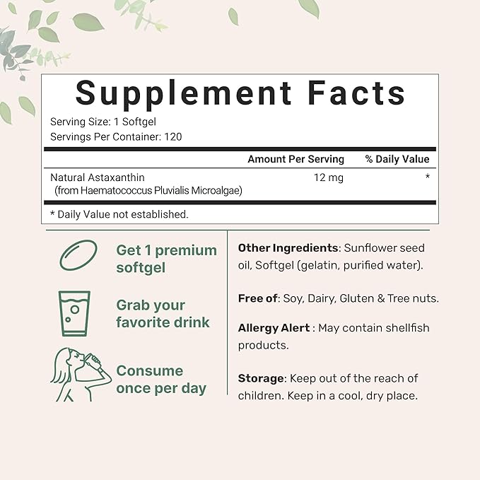 Astaxanthin 12mg, 120*Softgels, 4 Month Supply