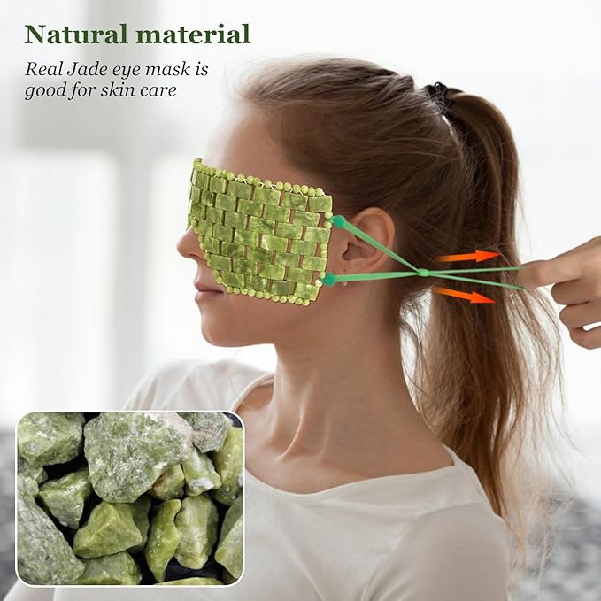Jade Eye Mask & Rose Quartz Eye Mask - with Adjustable Strap for face 100% Natural Gemstone Jade Sleep Mask for Hot & Cold Anti Aging Therapy