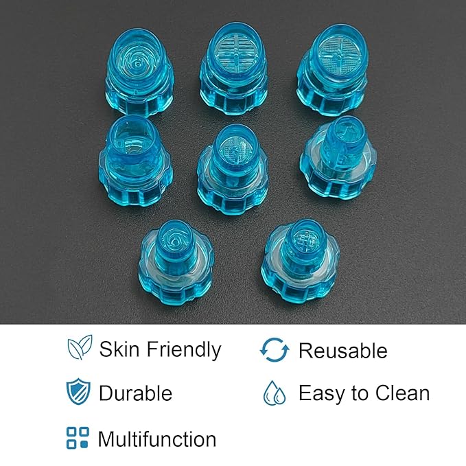 Elitzia Plastic Hydro Dermabrasion Microderma Heads Hydro Facial Aqua Peel Tips Water Peeling Caps Facial Care Skin Cleaning Tool Beauty Machine Replacement Spare Parts 8pcs Per Set (Capri Blue)