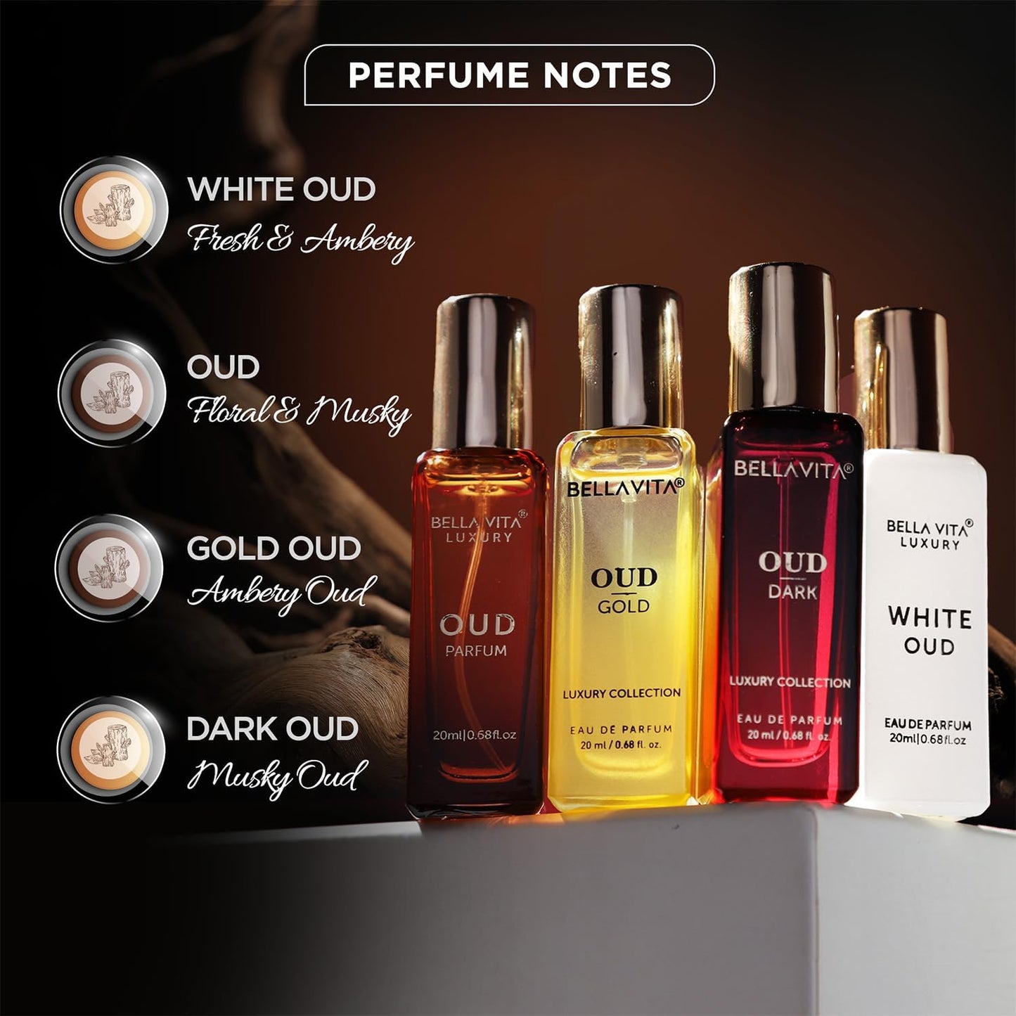 BellaVita Luxury OUD Experience Gift Set (4x20ml) โ Premium Arabic Unisex Perfumes | Includes Gold, Dark & White OUD | Notes of Caramel, Orris, Vetiver & Citrus
