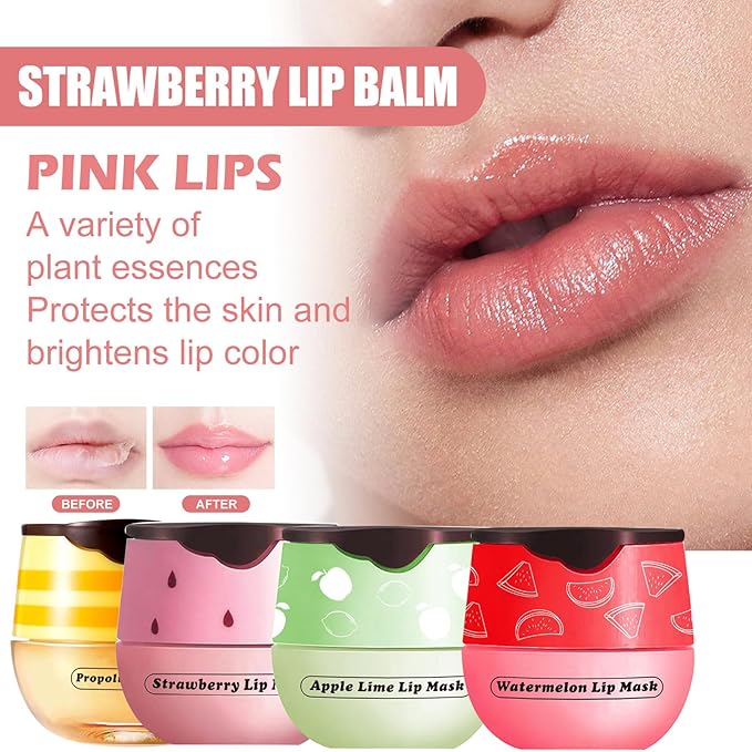Honey Lip Balm Pot, 4 Pcs Honey & Strawberry & Apple Lime & Watermelon Lip Mask Propolis Lip Mask Moisturizing Hydrating Prevention Dry and Cracked Lip Scrubs Exfoliator