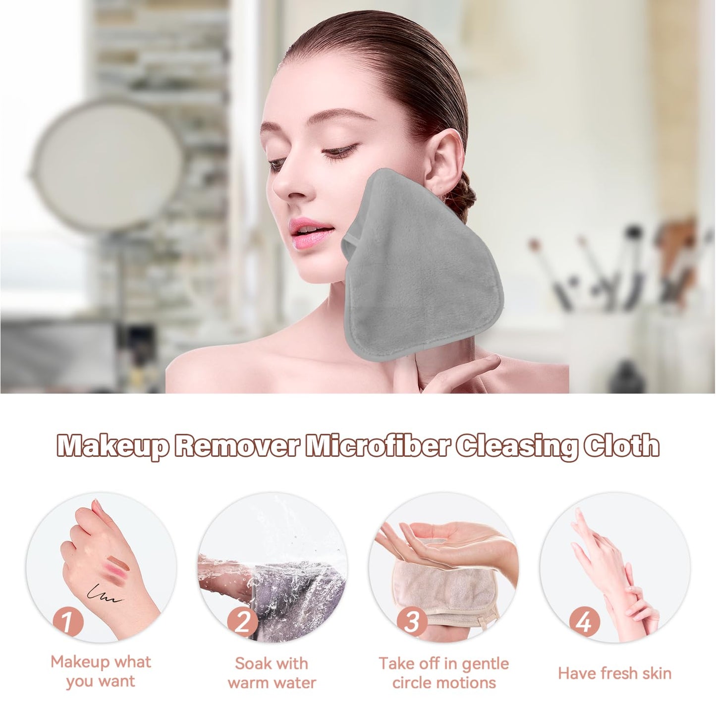 Nugilla Reusable Face Wash Cloths, 8 Pack Soft Microfiber Makeup Remover Towels for Women (Light Grey)