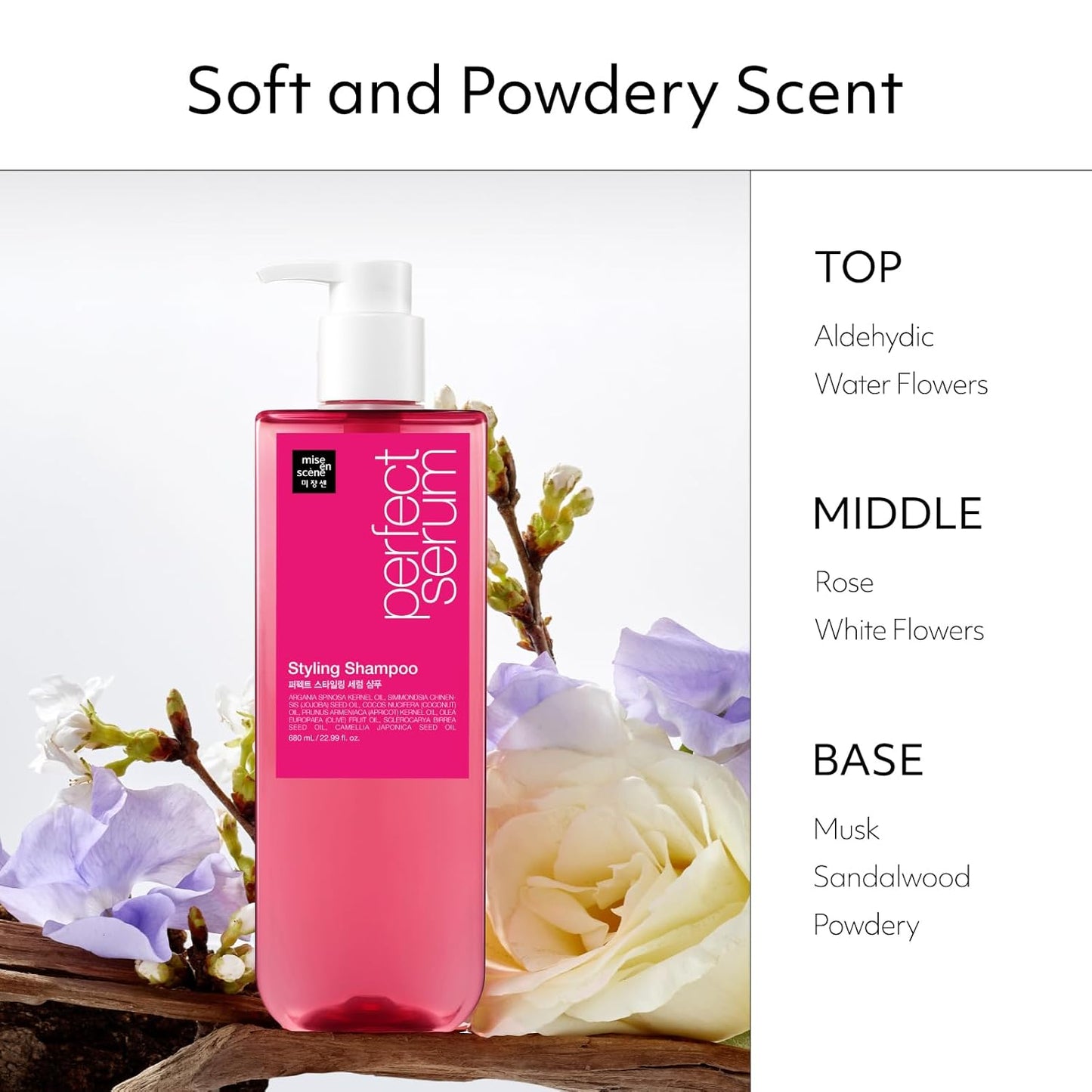 Mise En Scene Hair Perfume Shampoo - Perfect Styling Serum Shampoo - with Peony and Rose Scent, Styling Memory & Heat Protection, Enriched with Argan Oil, Daily Nourishing, 22.99 Fl. Oz.