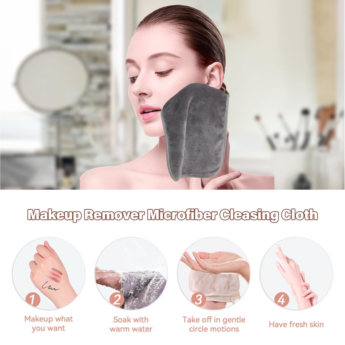 Nugilla Reusable Face Wash Cloths, 8 Pack Soft Microfiber Makeup Remover Towels for Women (Cool Grey)