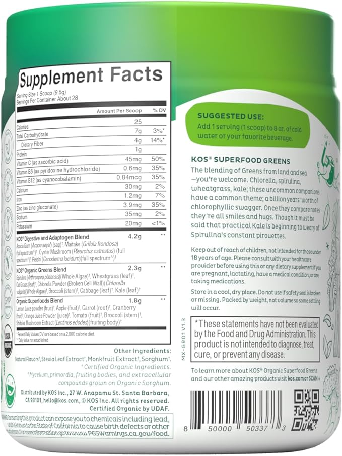 KOS Organic Super Greens Powder Erythritol Free 28 Servings