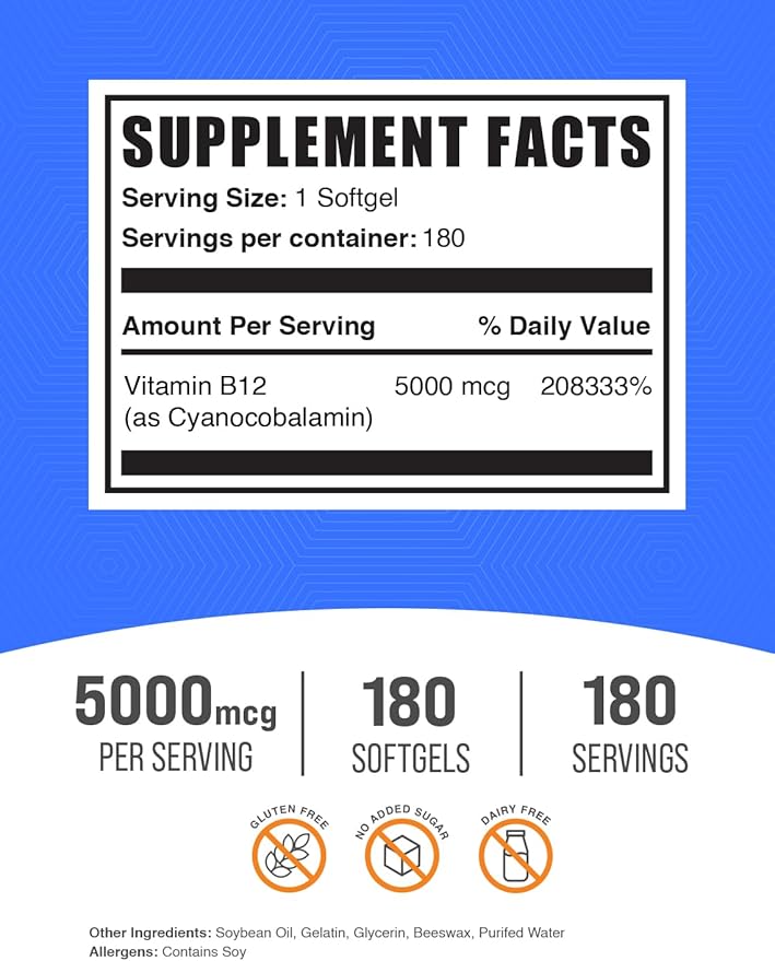 BulkSupplements.com Vitamin B12 5000 mcg Softgels - Cyanocobalamin, Vitamin B Supplements, B12 Vitamins Pills - Gluten Free, 1 Vitamin B12 Softgel per Serving, 180-Day Supply, 180 Softgels