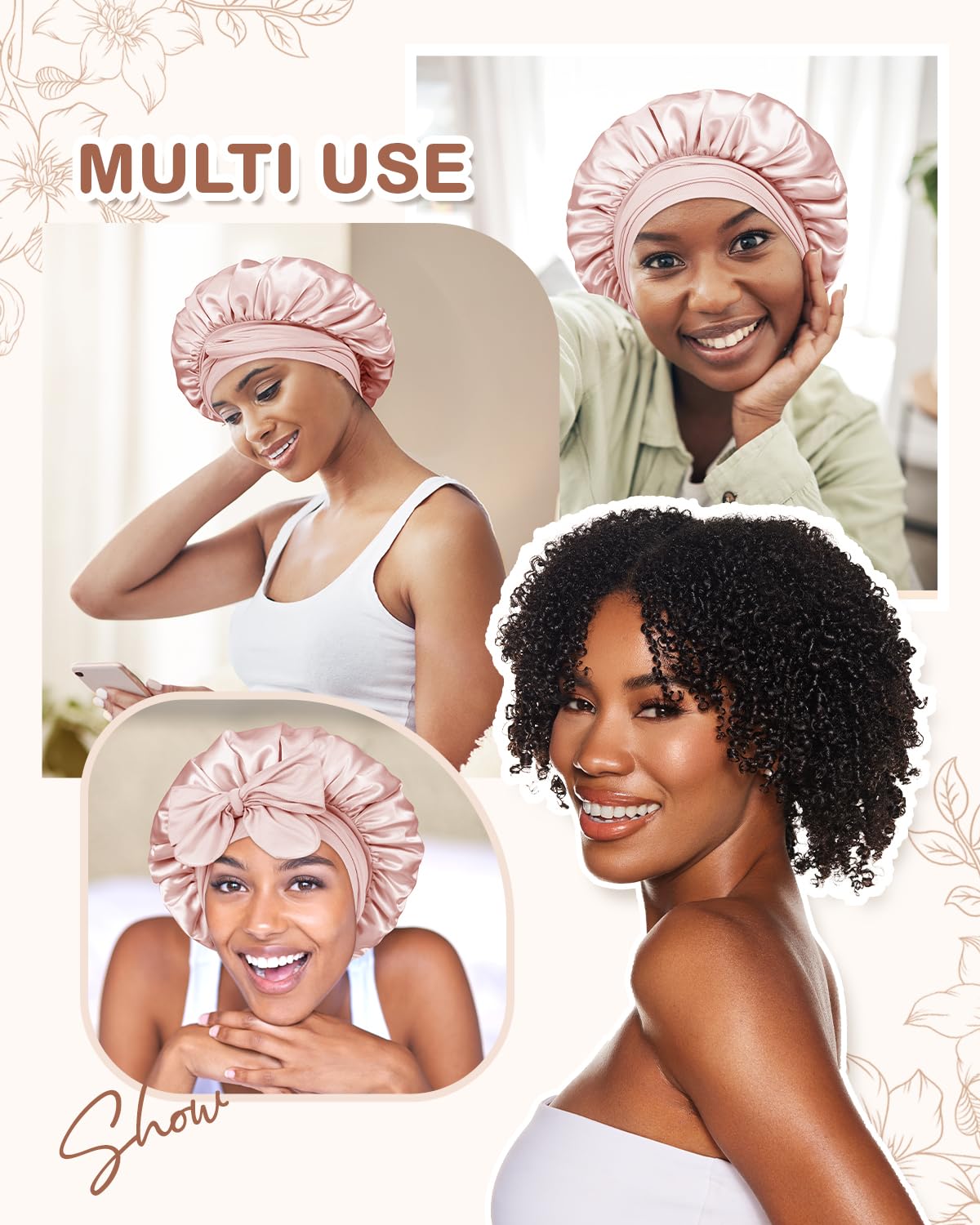 BONNET QUEEN Silk Bonnet for Sleeping Women Satin Bonnet Night Sleep Cap Wrap for Curly Hair with Adjustable Tie Band, Single Layer, Small, Cream Pink