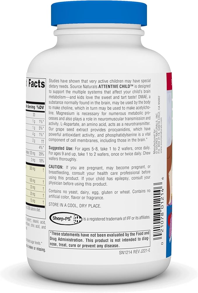 Source Naturals Attentive Child - Healthy Cognitive Nutrients for Active Children - Improved Focus & Attention with DMAE, Magnesium, Zinc & Grape Seed Extract - 60 Chewable Wafers.