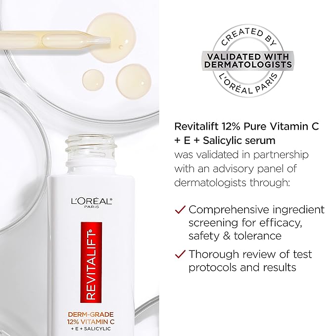 L'Oreal Paris Revitalift 12% Pure Vitamin C Serum, Vitamin E, Salicylic Acid, Brightening 1 oz + Moisturizer Sample