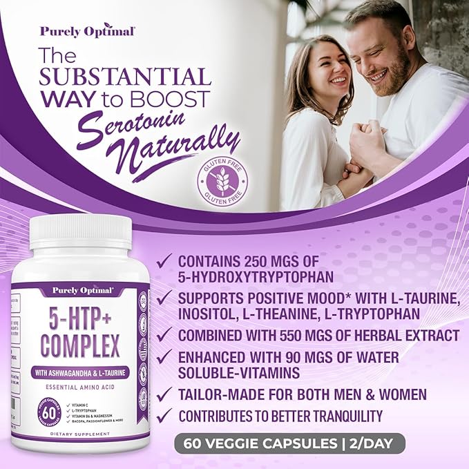 Purely Optimal Premium 5-HTP Plus Supplement 250mg Maximum B6, Gluten 60 Veggie