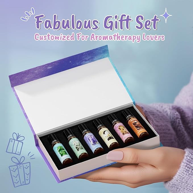 Essential Oils Roll On Gift Set, Natural Aromatherapy Oil Roller for Body, Skin, Massage - Lavender, Peppermint, Frankincense & Myrrh, Eucalyptus, Vanilla, Sandalwood, Gift for Women