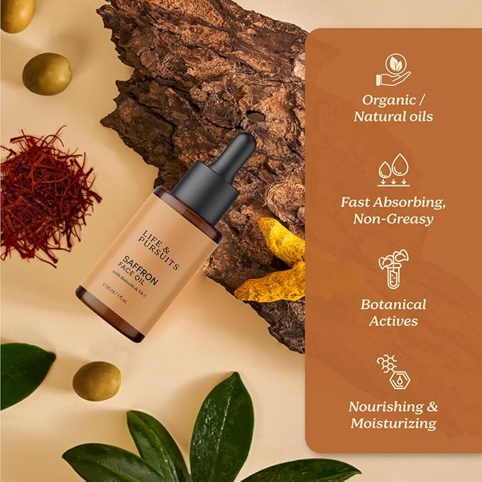 Life & Pursuits Saffron Face Oil 1 Fl Oz with Kashmir Saffron, Bakuchi, Vitamin C for Face Brightening, Moisturizing, Dark Spots, Fine Lines, Wrinkles. Lightweight Daily Face Massage oil | Anti-Aging