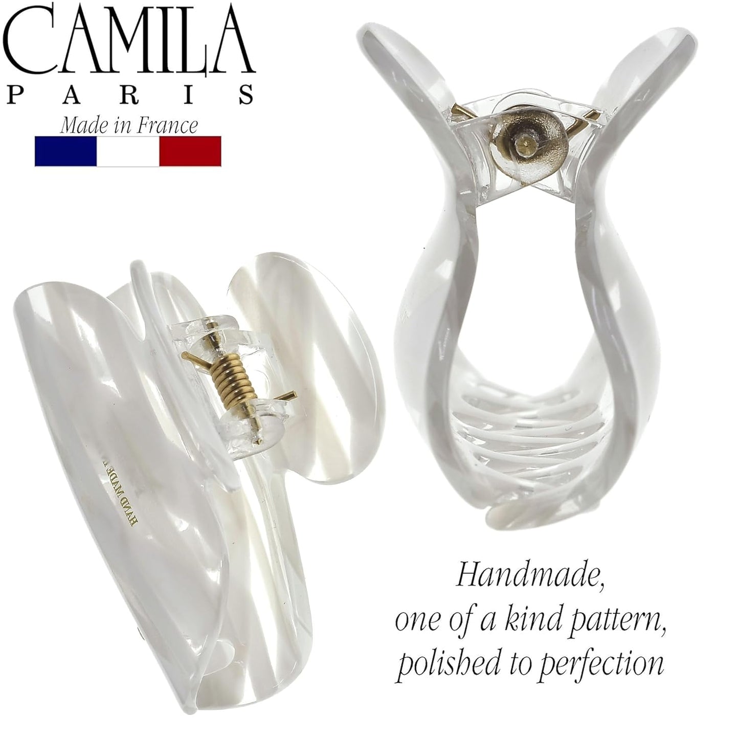 Camila Paris CP3071 French Hair Clip for Women, Handmade, White, Small, Girls Hair Claw Clips Jaw, Durable Styling Hair Accessories for Women, Strong Hold No Slip Grip, Made in France