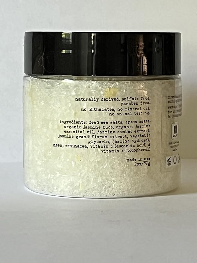 Organic Jasmine Bath Salts by Nabila K - Dead Sea Salt & Epsom Salt Scrub & Soak - Exfoliates & Hydrates Skin, Botanical Essential Oils - Bubble Bath Accessories for All Skins Types, 2 oz