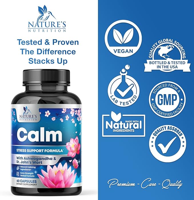 Stress Support Supplements for Mood & 5-HTP, L-Theanine 60 Capsules