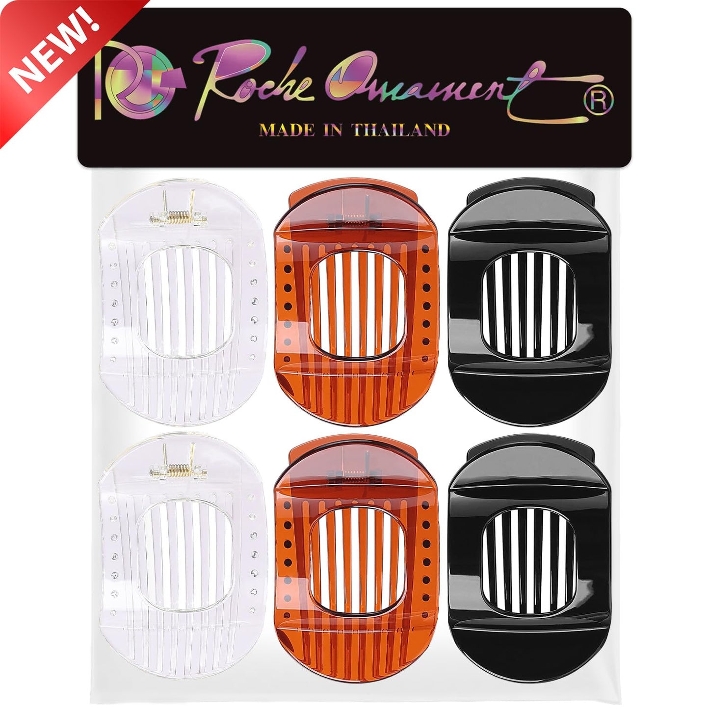 RC ROCHE 6 Pcs Flat Claw Hair Clips for Women Thick Hair French Round Duckbill Square Secure Strong Hold Grip Clamps Barrettes Curved No Slip No Crease Styling Cute Jumbo XL, Large Clear Brown & Black