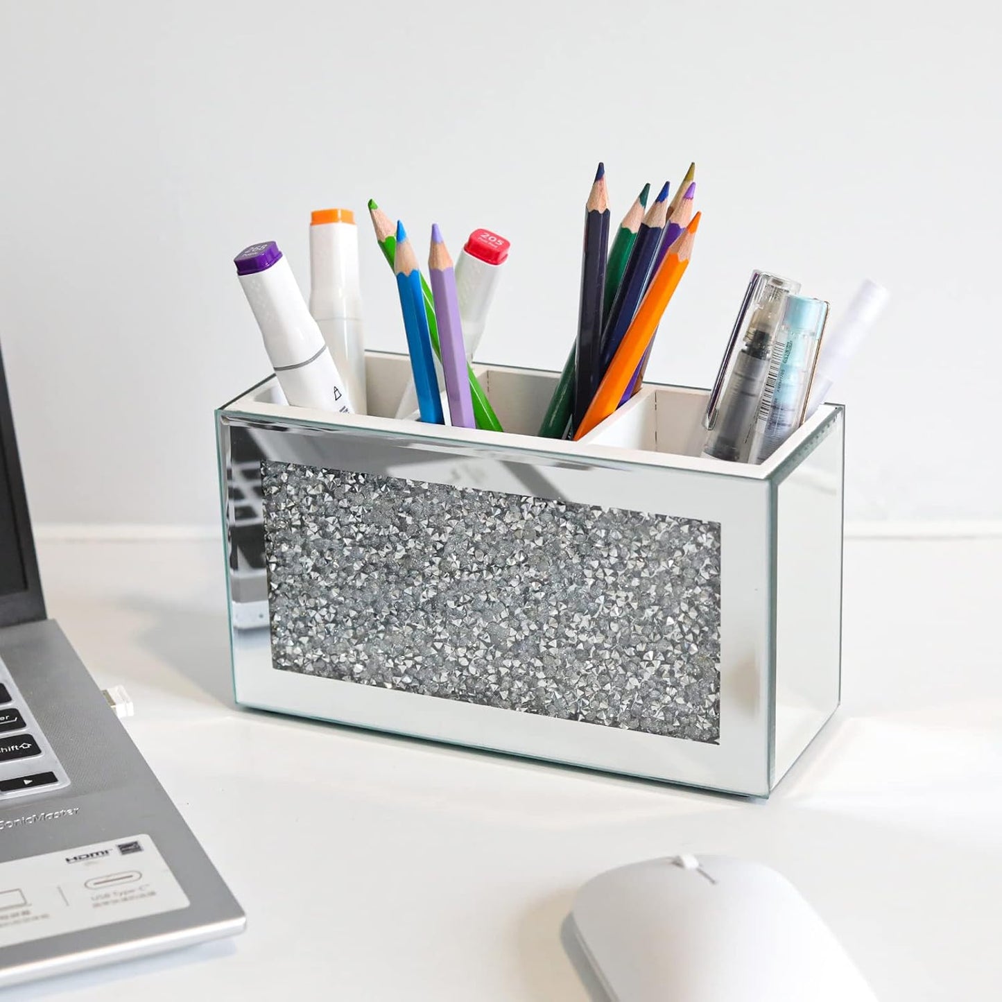 SWTHONY Silver Makeup Brush Holder Organizer, Bling 3 Slot Crushed Diamond Crystal Mirrored Cosmetic Brushes Storage, Eyeliners Eyebrow Pencil Display Case