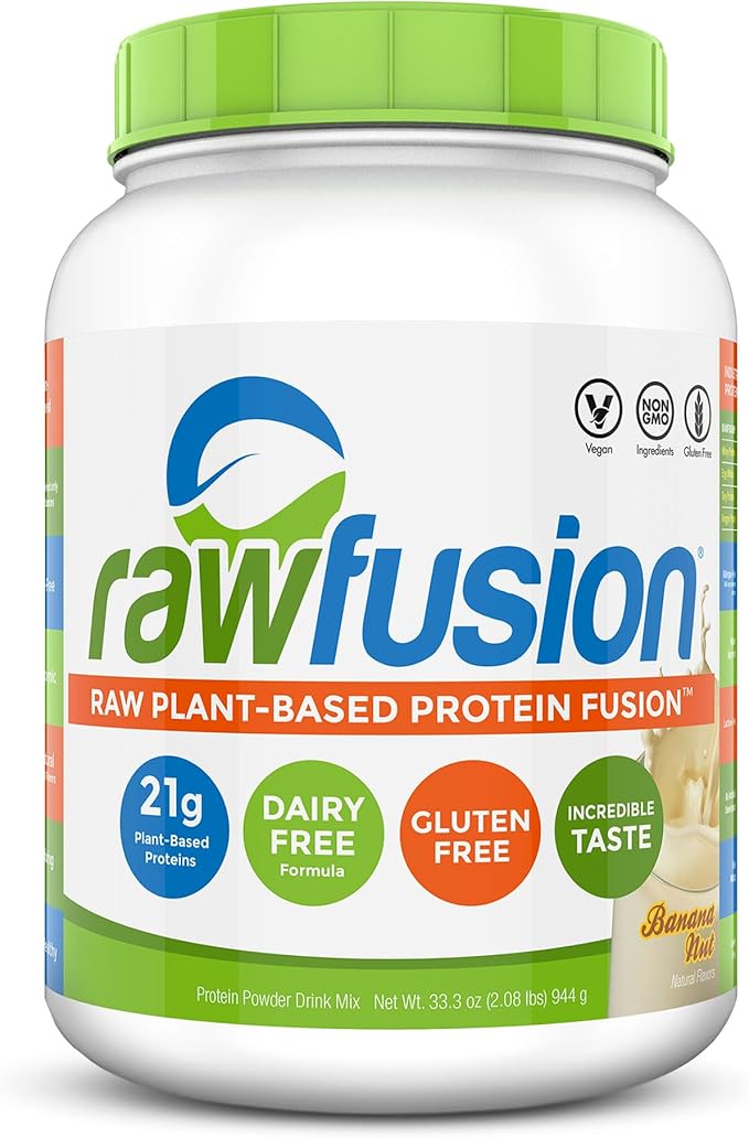 Rawfusion- Vegan Protein Powder, Banana Nut - 30 Servings, 21g of Plant Based Protein, Low Net Carbs, Non-Dairy, Gluten/ Lactose Free, Soy Free, Kosher, Non-GMO, 2lb Pound