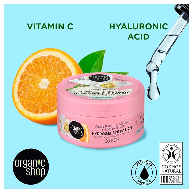 Hyaluronic Acid & Vitamin C Hydrogel Eye Patches for Dark Circles, Anti Puffiness, Deep Hydration, Fight Wrinkles & Fine Lines, Dark Spots, Texture Repair 100% Vegan & Organic. 60 Pcs