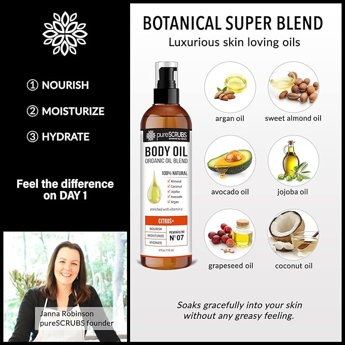 pureSCRUBS Ultra Moisturizing Citrus+ Body Oil Spray for Dry Skin, Massage, Cuticles & More Organic Super Blend of Jojoba, Argan, Coconut, Sweet Almond & Avocado Oils Enriched with Vitamin E, Lg 4oz