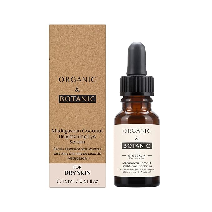 Organic & Botanic Madagascan Coconut Brightening Eye Serum, 30ml. Premium Vegan Skincare For All Skin Types. Made In The UK.