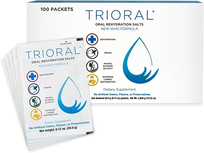TRIORAL Rehydration Electrolyte Powder - WHO Hydration Supplement Salts Formula - Combat Dehydration from Workouts, Fluid Loss and Much More - 100 Drink Mix Packets