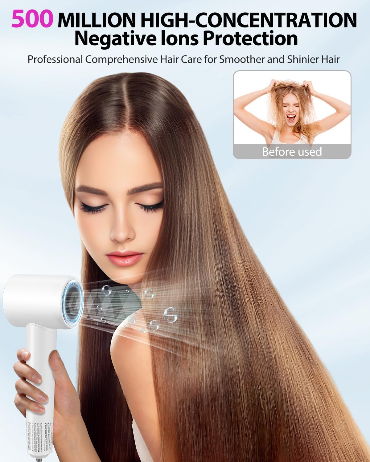 Professional High Speed Ionic Hair Dryer - 1 Min Fast Drying, 180000 RPM Blow Dryer 500 Million Negative Ions, No Heat Damage & Low Noise, Lightweight, Hairdryer with Magnetic Concentrator for Women